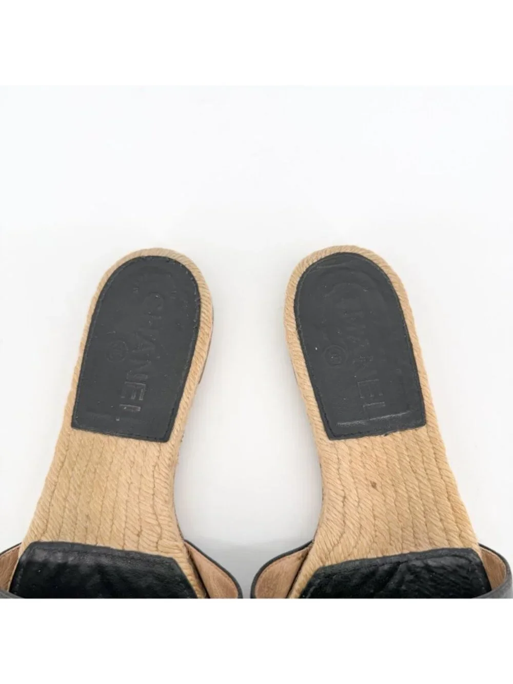 Chanel CC Flat Espadrille Mule Slide Sandals Black Leather Size 38 US 7-7.5 - Picture 5 of 15